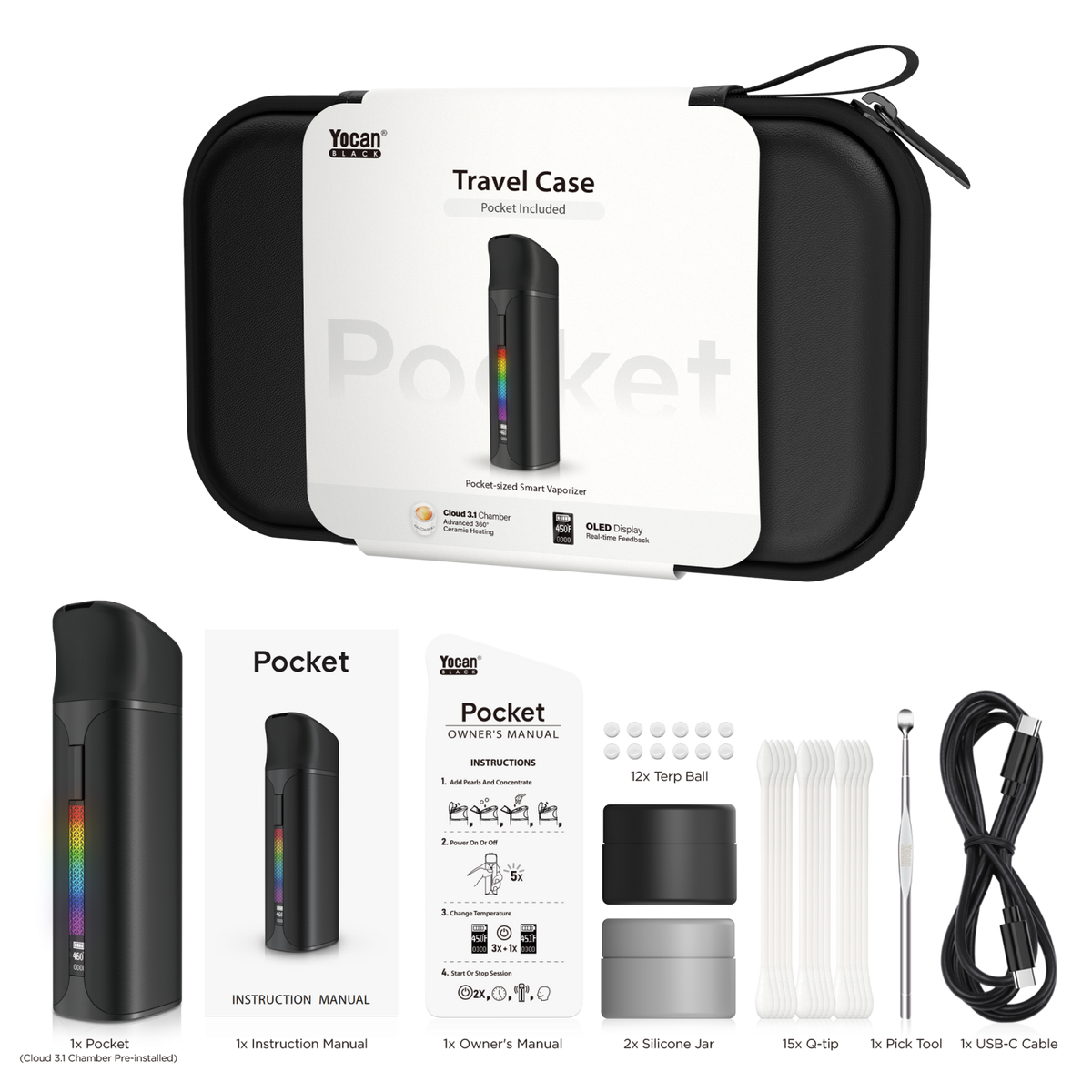 Yocan Black Pocket Travel Case — Kit Completo com Vaporizador + Acessórios Premium
